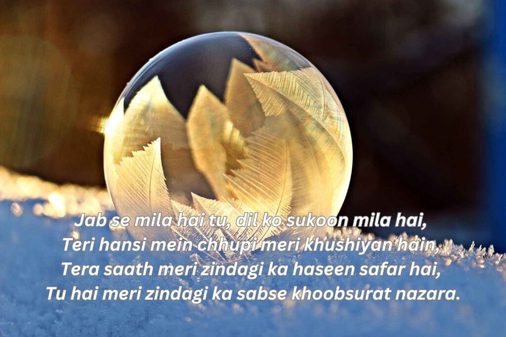 Jab se mila hai tu dil ko sukoon mila hai Teri hansi mein chhupi meri khushiyan hain Tera saath meri zindagi ka haseen safar hai Tu hai meri zindagi ka sabse khoobsurat nazara 1024x683 1 Beautiful Shayari In English _ Love & Emotions